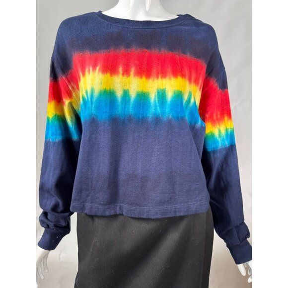 Tie-Dye Rainbow Striped Navy Long Sleeve Sweatshirt Top By Rebellious One L - Picture 1 of 16